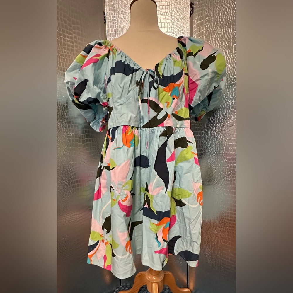 A New Day Multicolor Puff Sleeve Peasant Blouse Style Mini Dress NWT